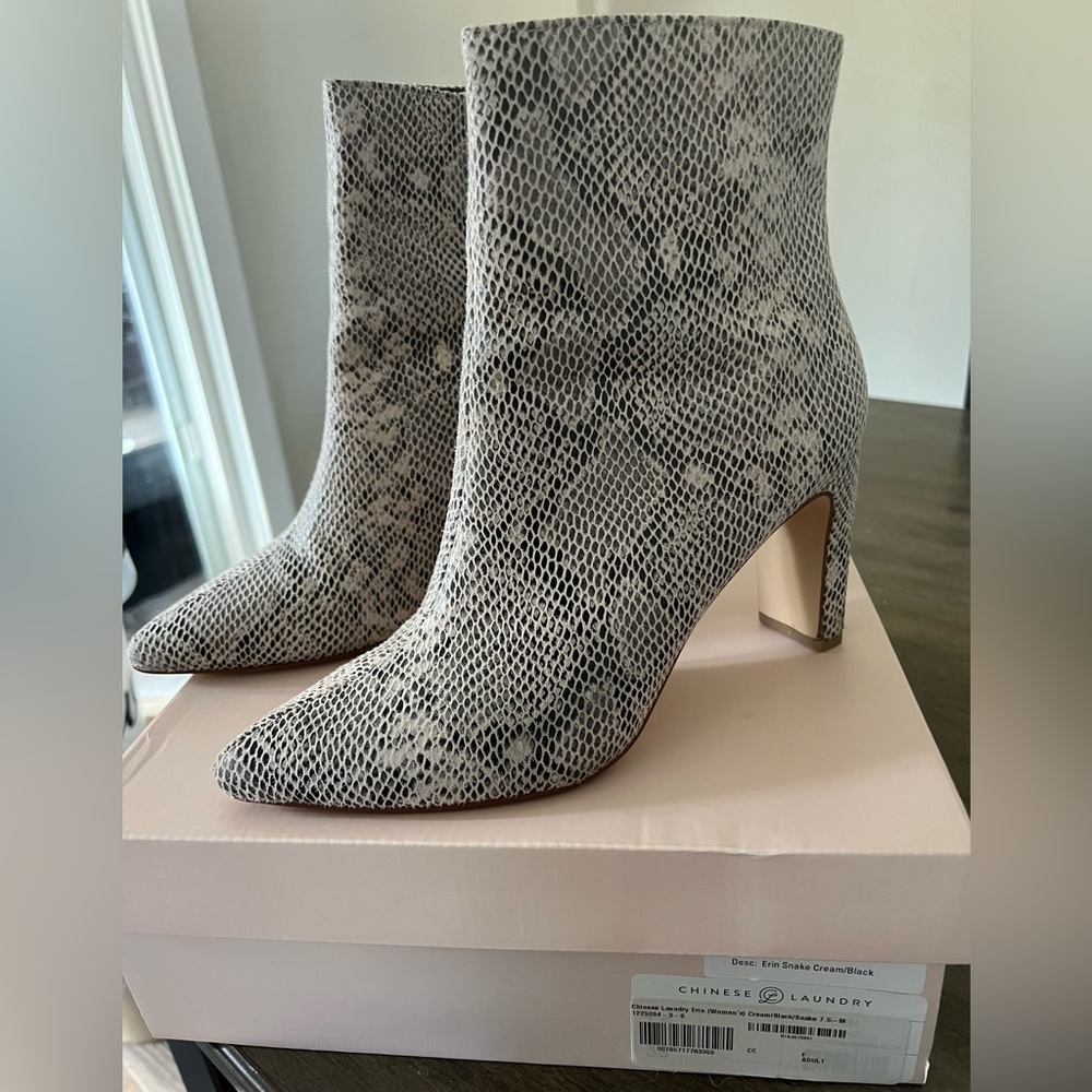 Chinese Laundry Cream and Black Snake Print Pointed-Toe Ankle Booties